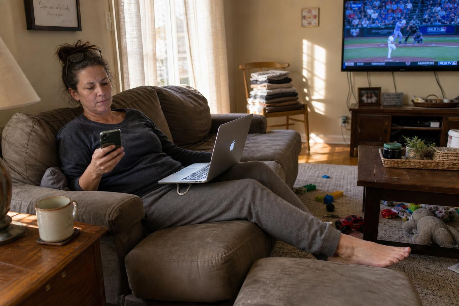 A woman relaxes on a couch, engaged with her devices.
