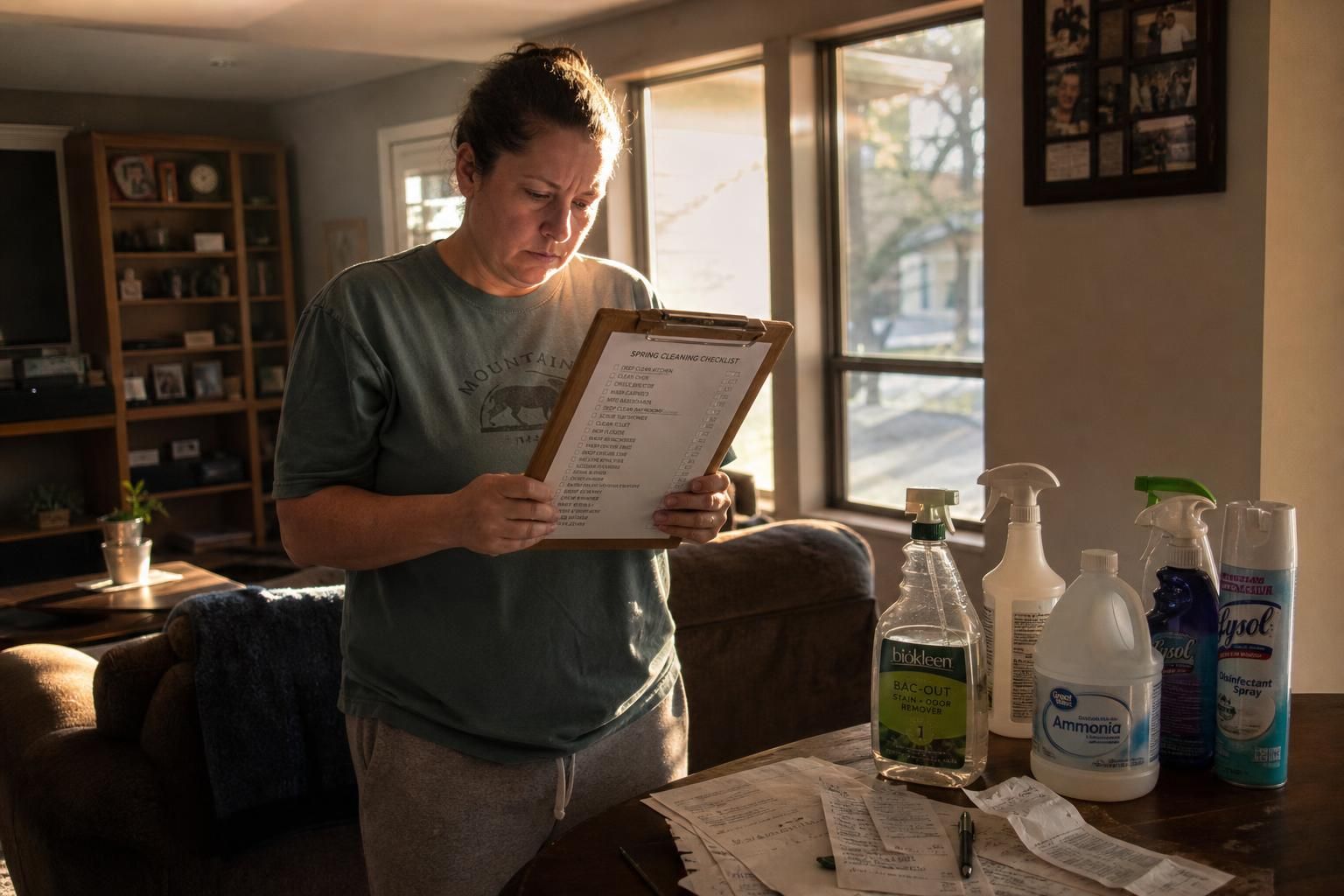 A person carefully reviews a cleaning checklist in a lived-in living room.