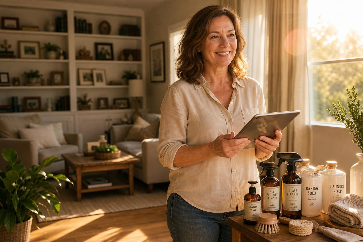 A woman smiles while holding a tablet in her organized living room.