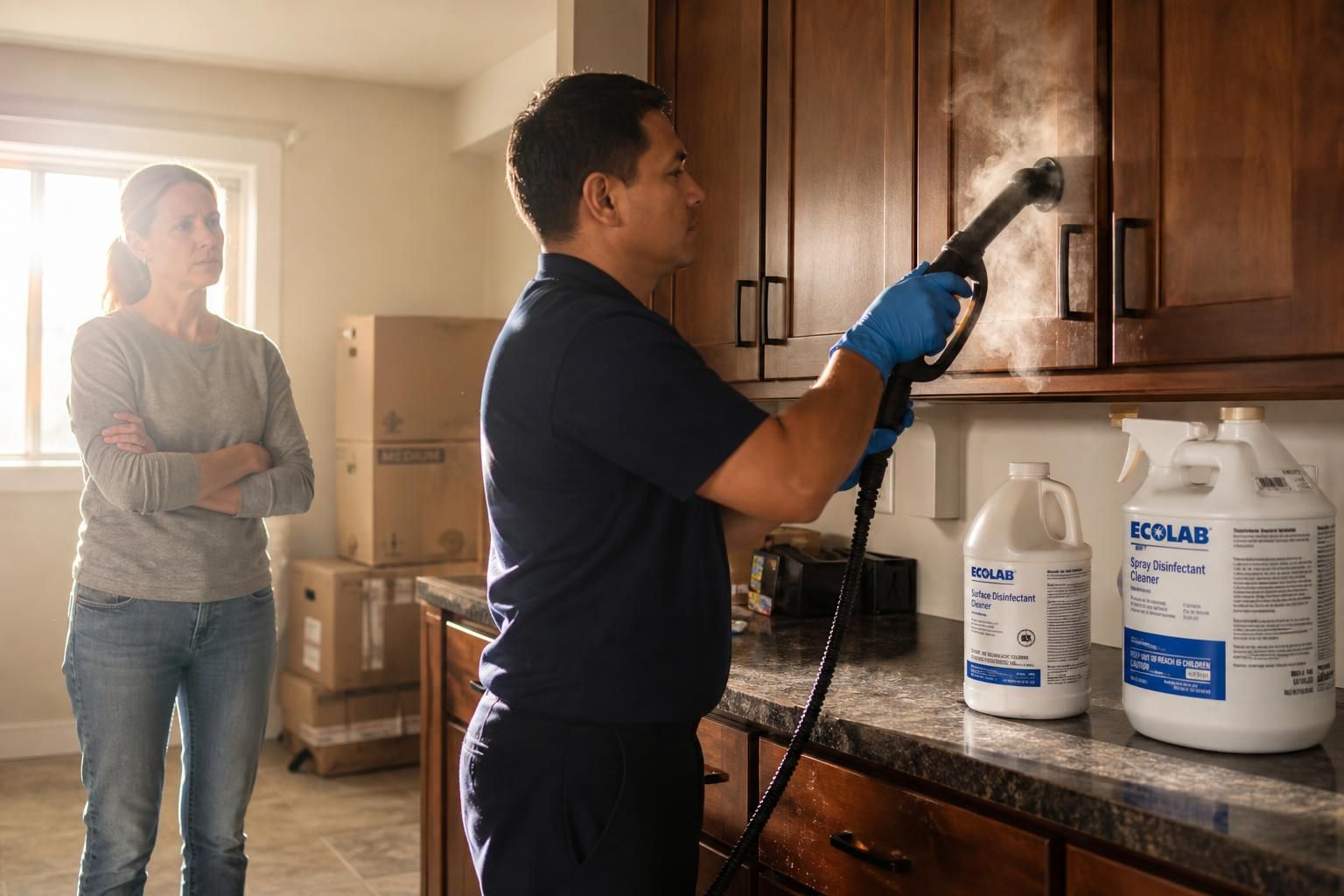 A woman supervises a cleaner steam cleaning her kitchen cabinets.