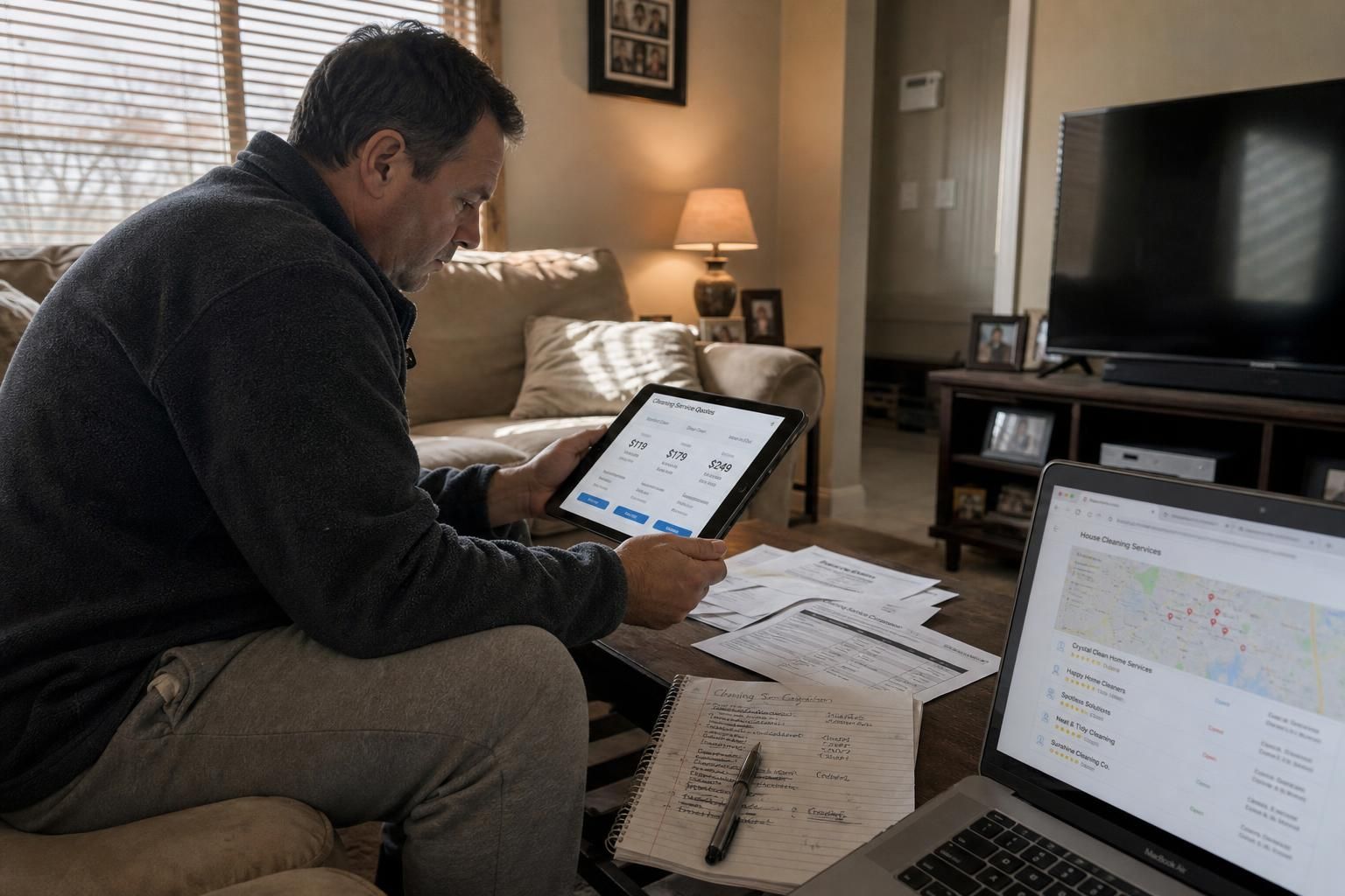 A middle-aged man reviews cleaning service quotes in his living room.