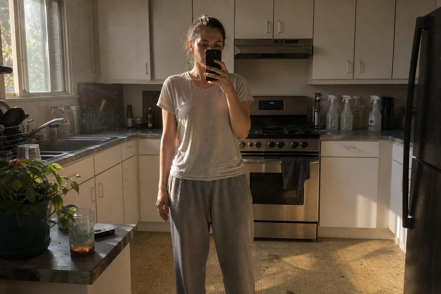 A person takes a selfie in a lived-in kitchen.