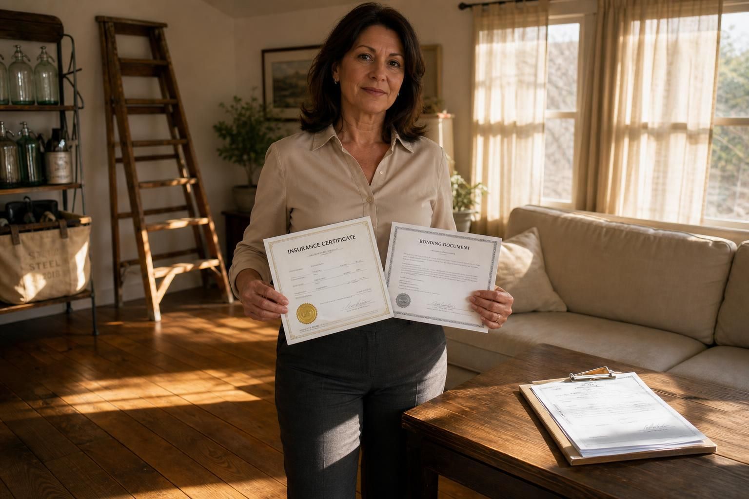 A middle-aged woman stands in a well-organized living room holding documents.