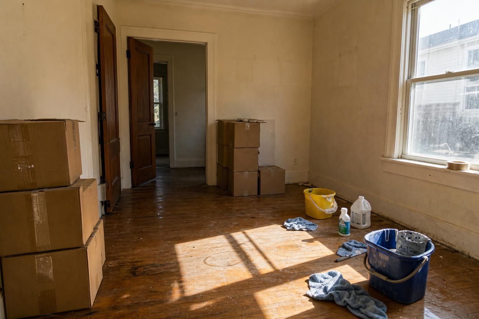 Vacant living room undergoing renovation with cleaning supplies and cardboard boxes.