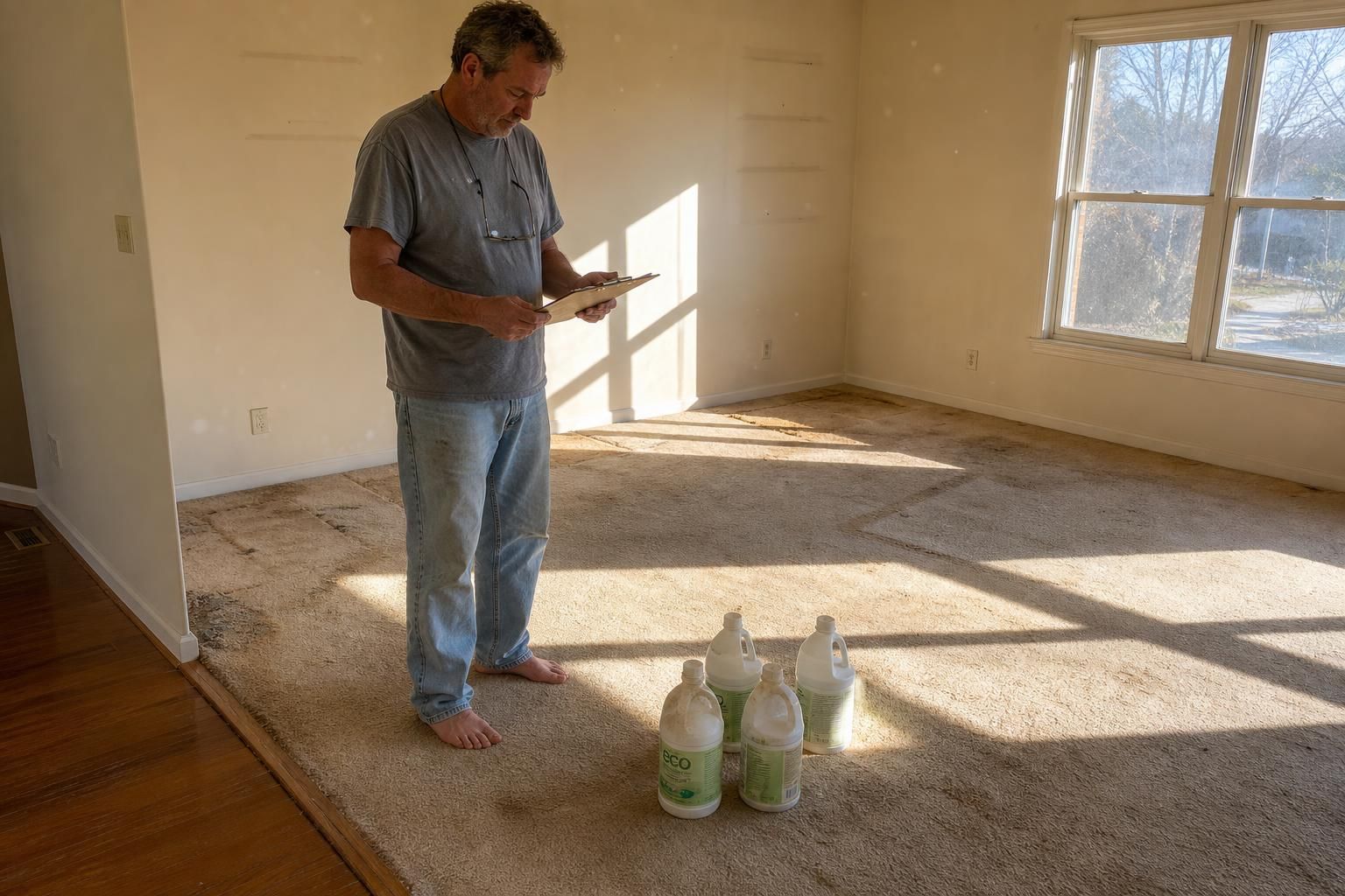 A weary man assesses his empty, worn living room with a clipboard.