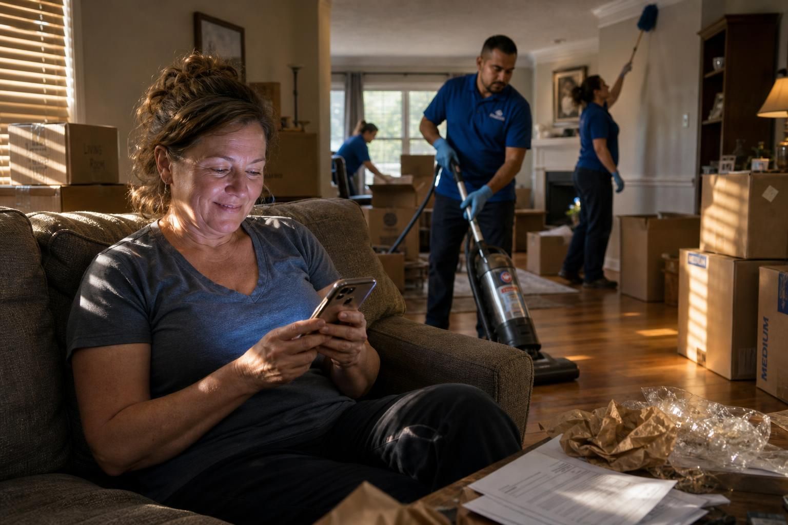 A woman relaxes on a couch while professional cleaners work nearby.