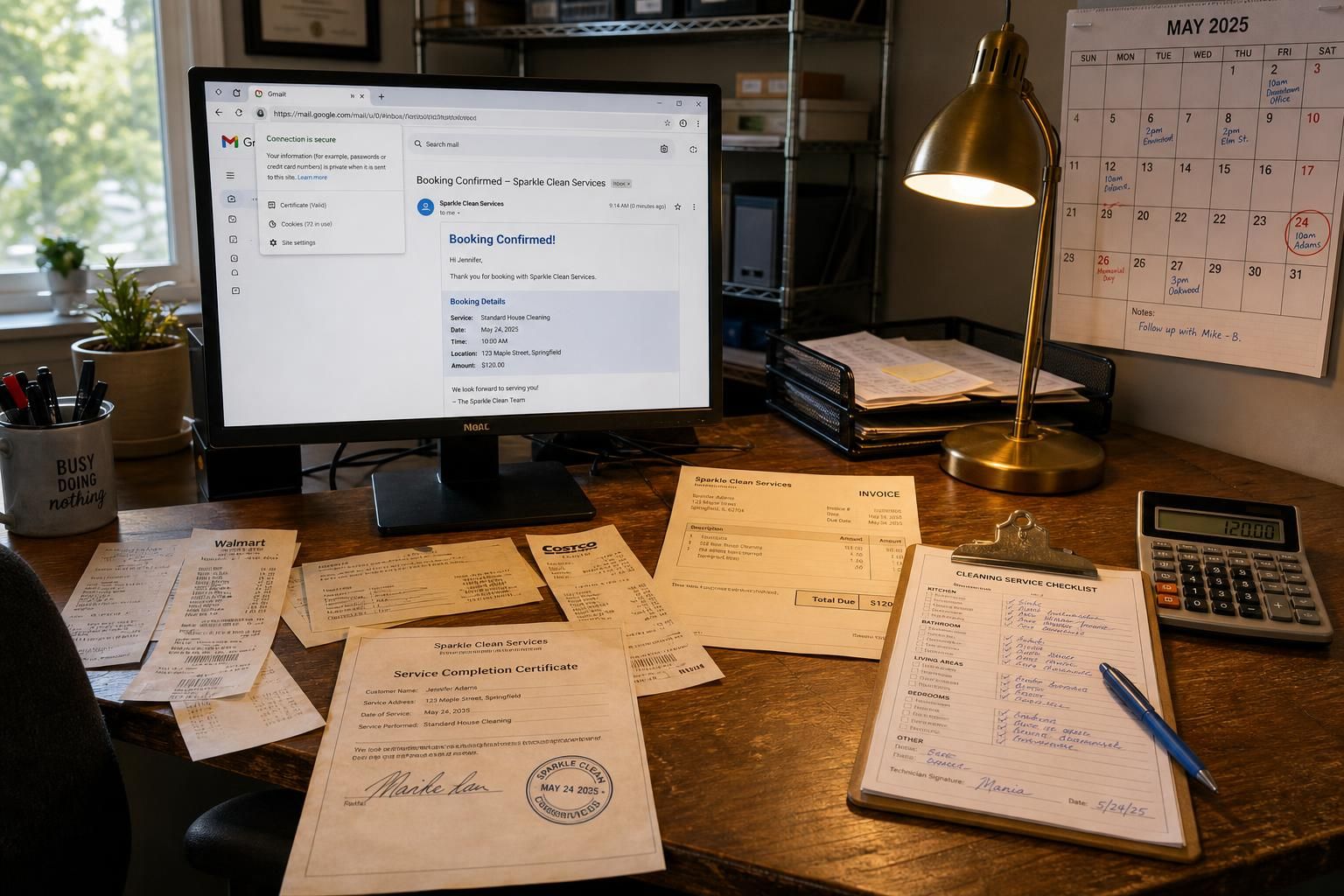 A detailed home office desk with organized paperwork and office supplies.