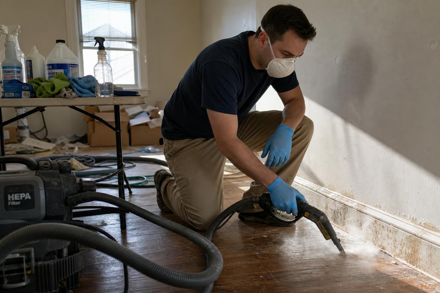 A man in gloves uses a steam cleaner on baseboards.