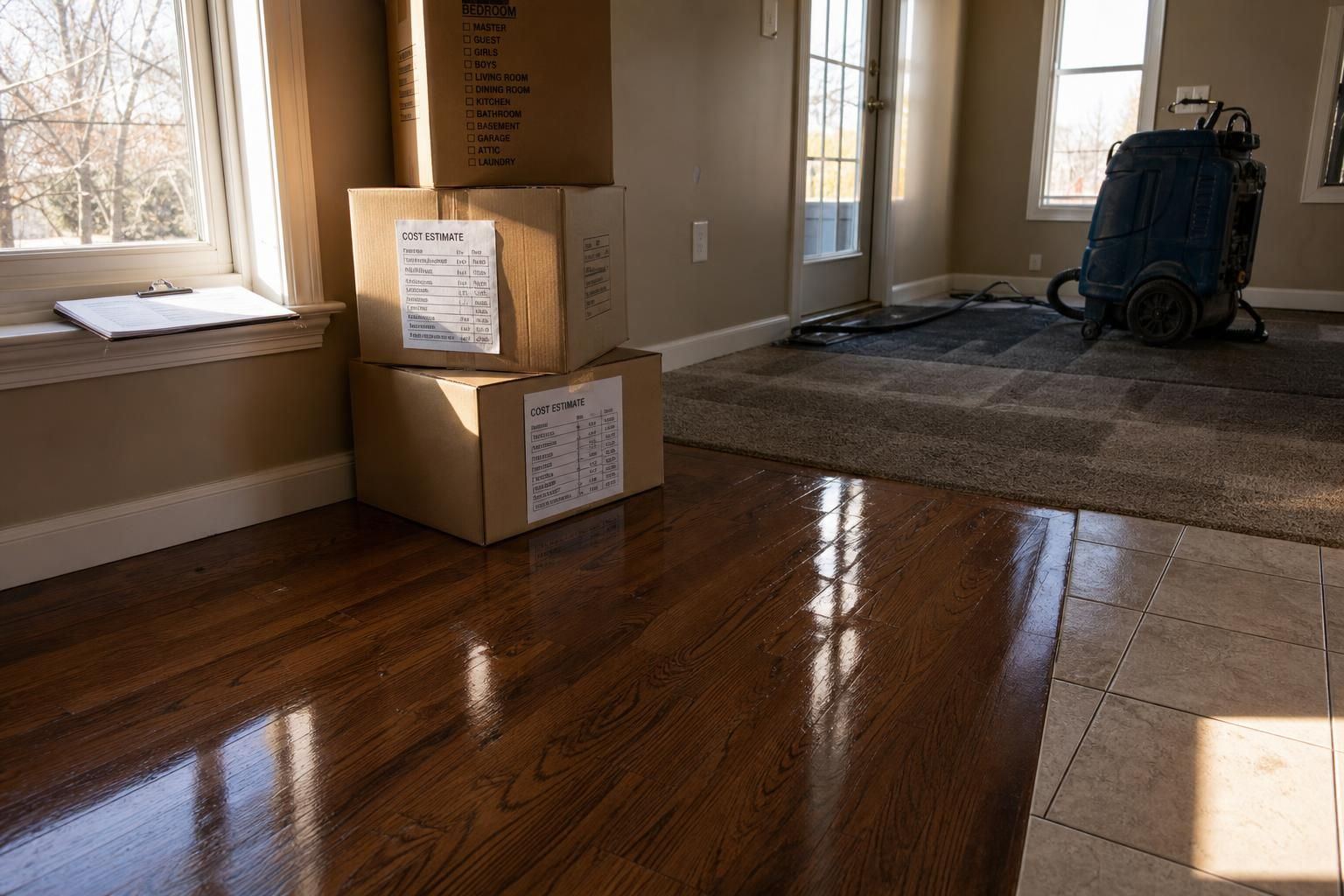 A residential living room with polished floors and cleaning equipment.