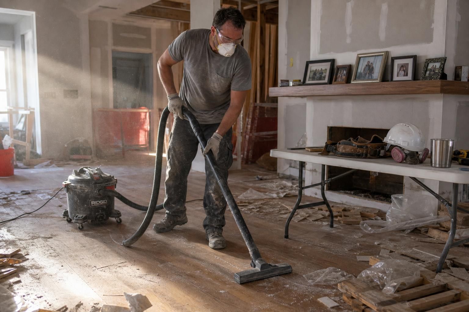 A man vacuums a newly constructed living room amidst construction debris.