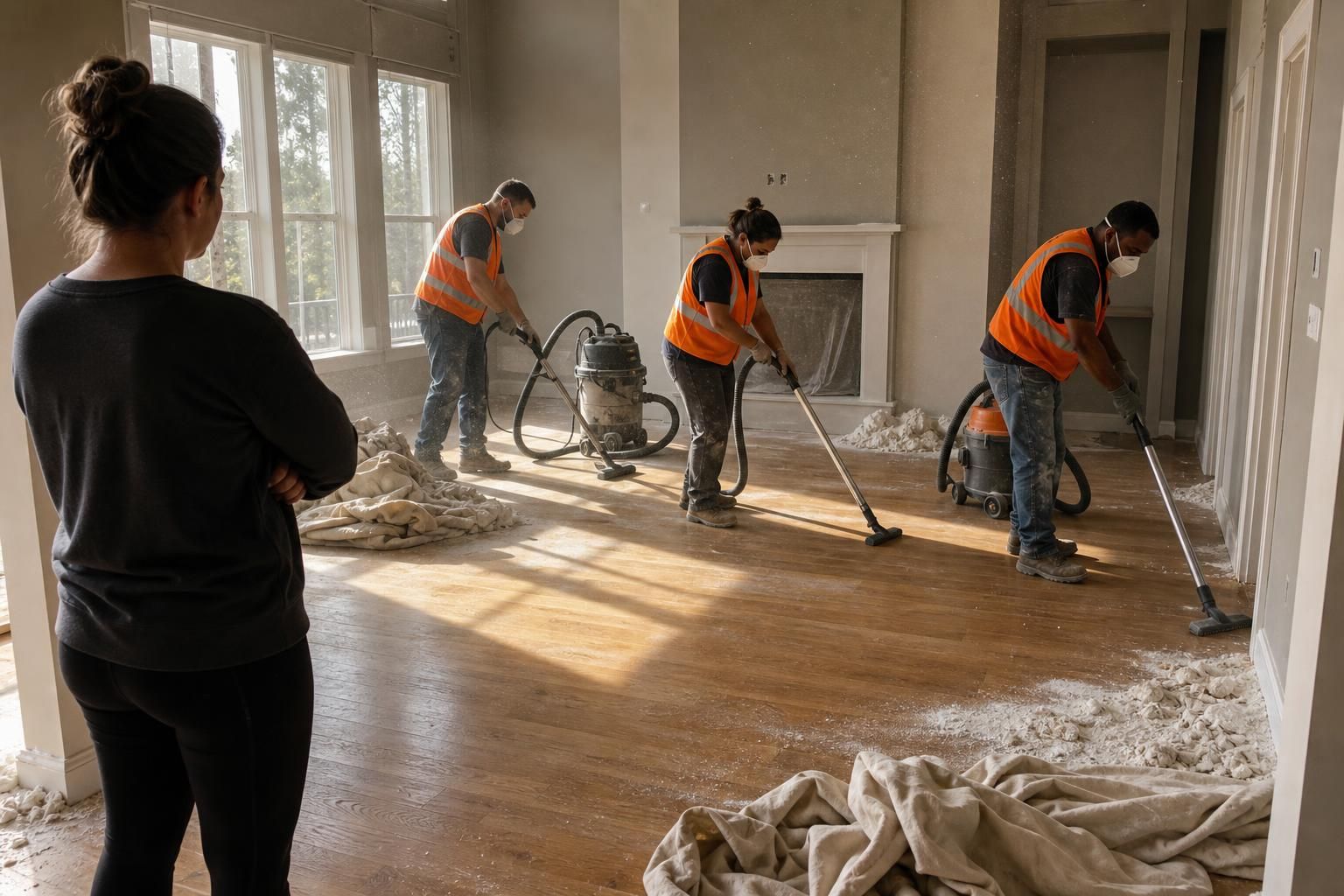 A cleaning crew tidies a newly constructed vacant living room.