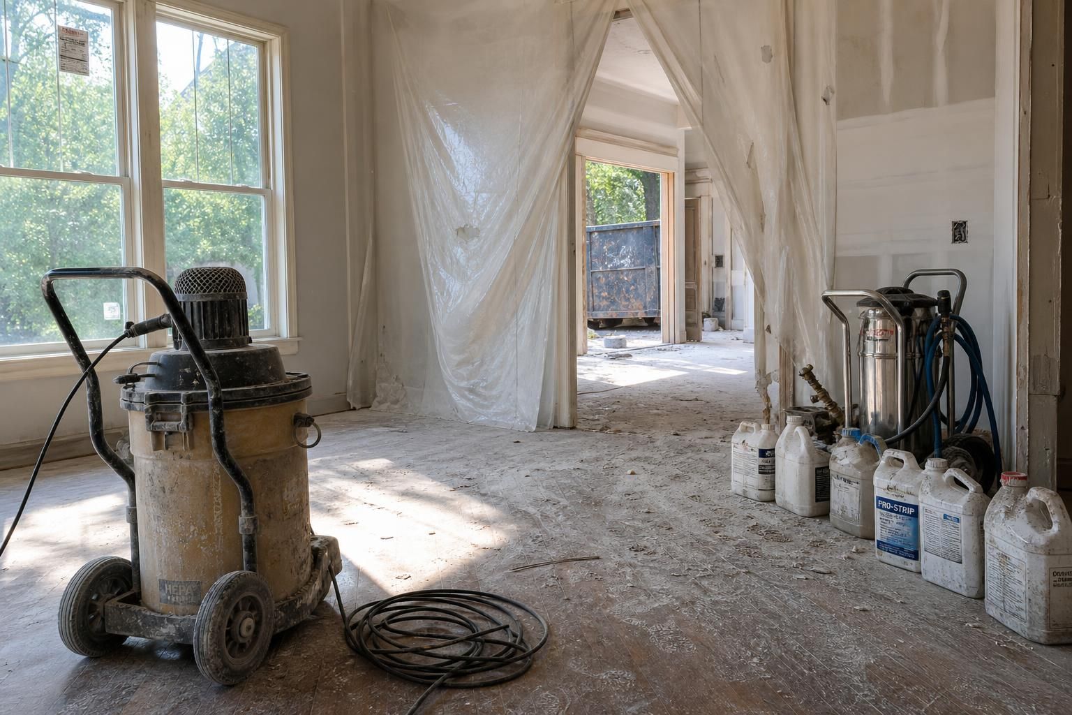 Post-construction cleanup in a dusty, unfinished home interior.