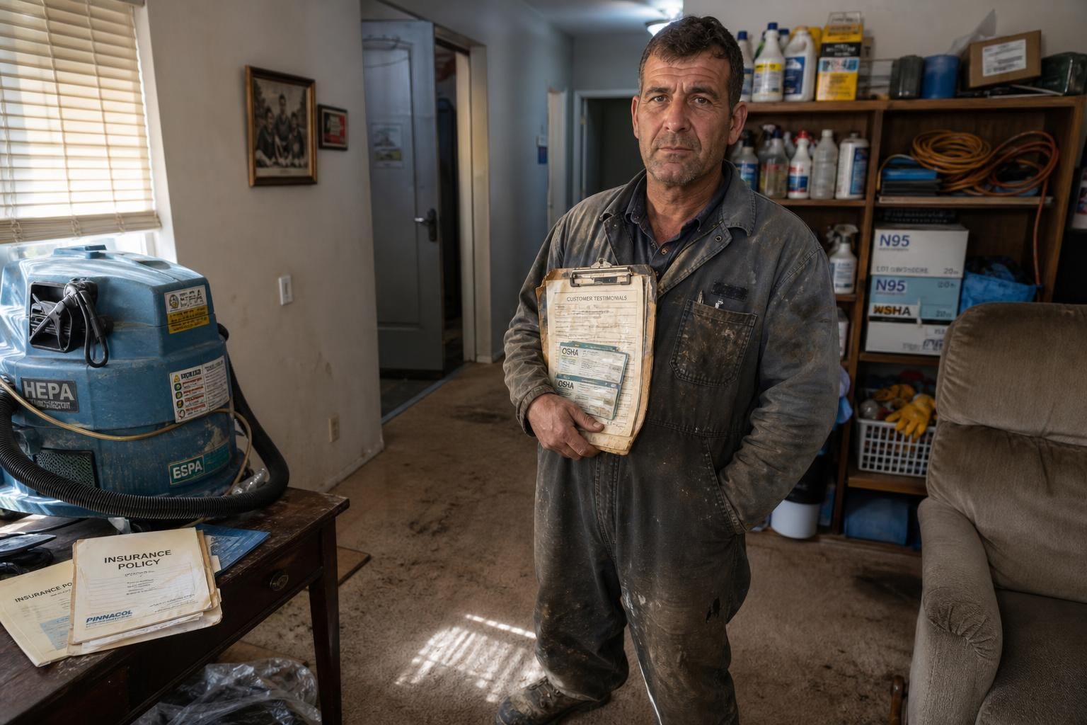A hardworking man stands in a cluttered living room with cleaning equipment.