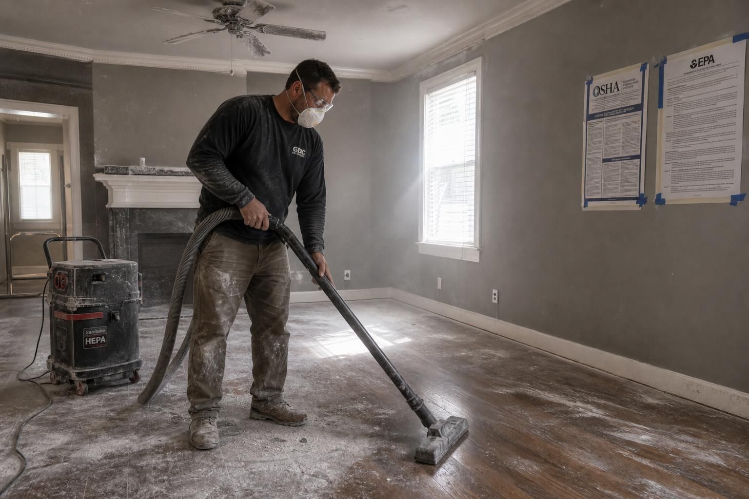 A worker vacuums drywall dust in a spacious living room.