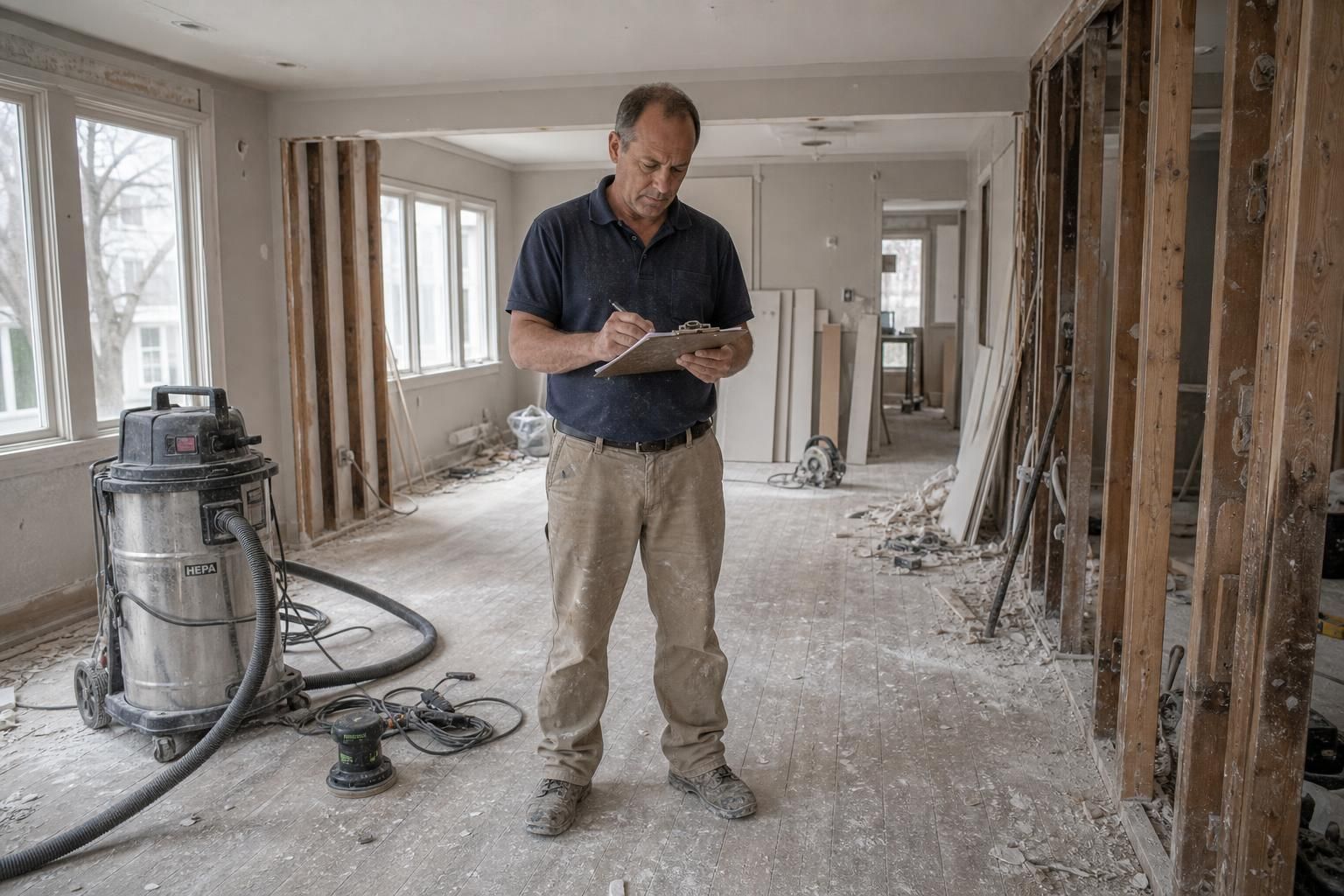 A focused middle-aged man inspects a renovated living room amid dust.