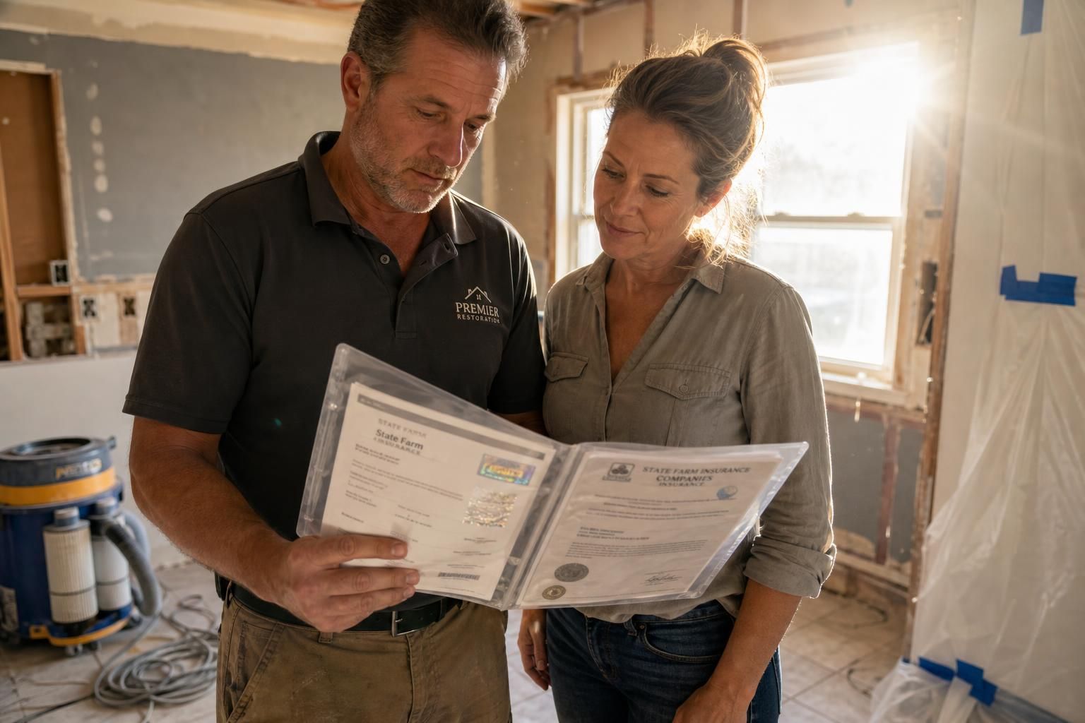 A man and woman review insurance documents in a renovated kitchen.
