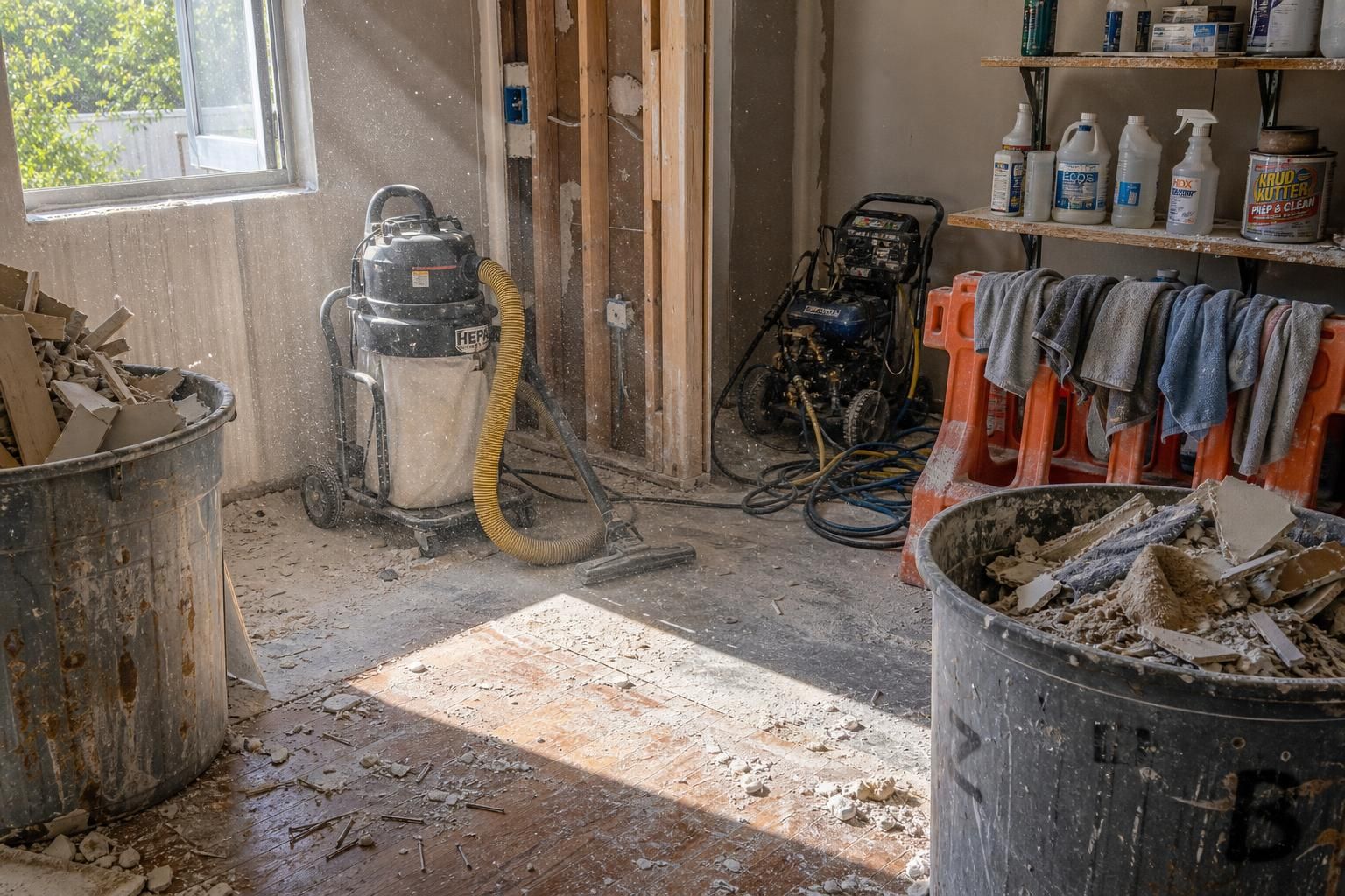 Post-construction cleanup reveals a dusty, chaotic residential interior.