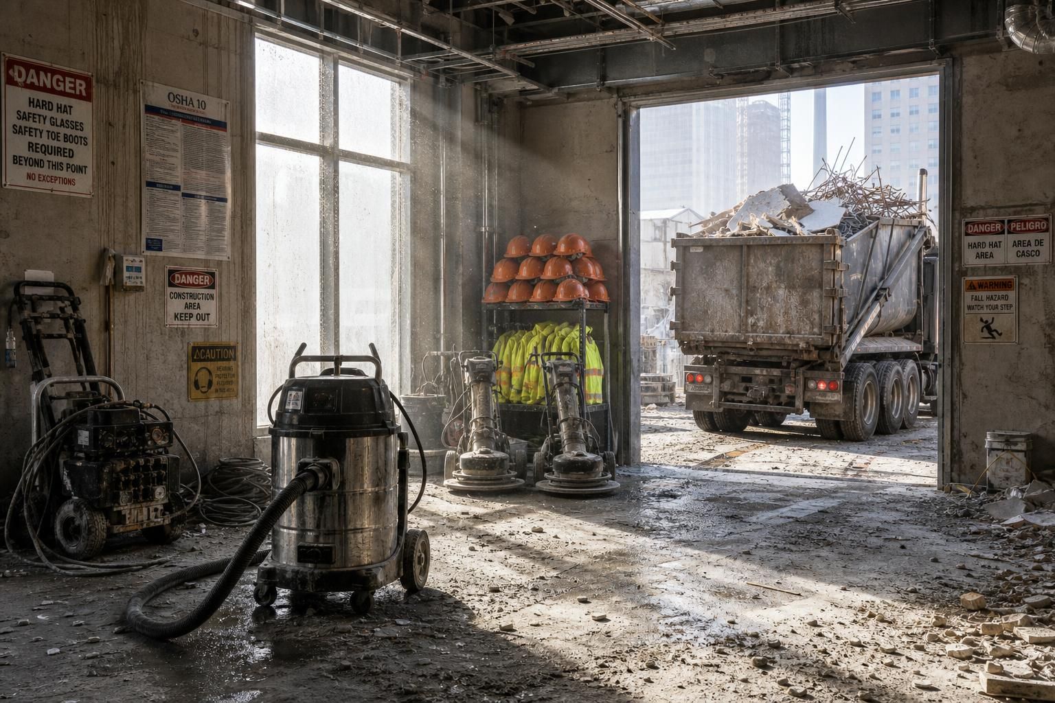 An active construction site filled with equipment, debris, and safety gear.