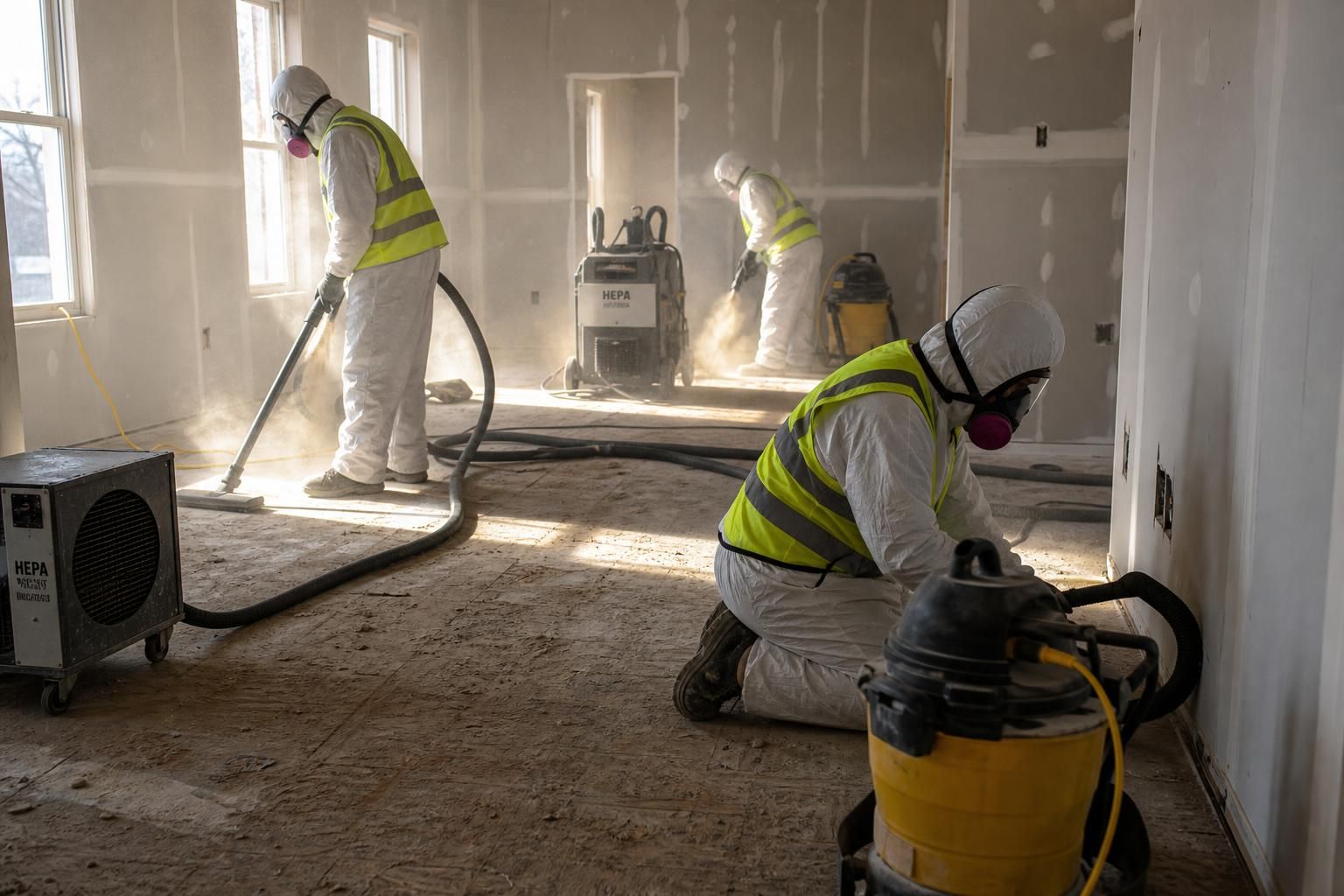 Professional remediation workers manage dust in a post-construction space.