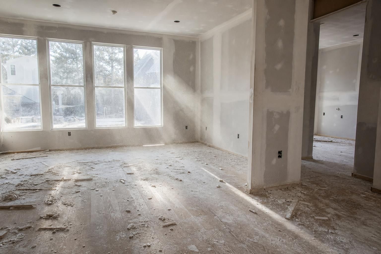 Bare construction site requiring extensive cleaning and finishing touches.