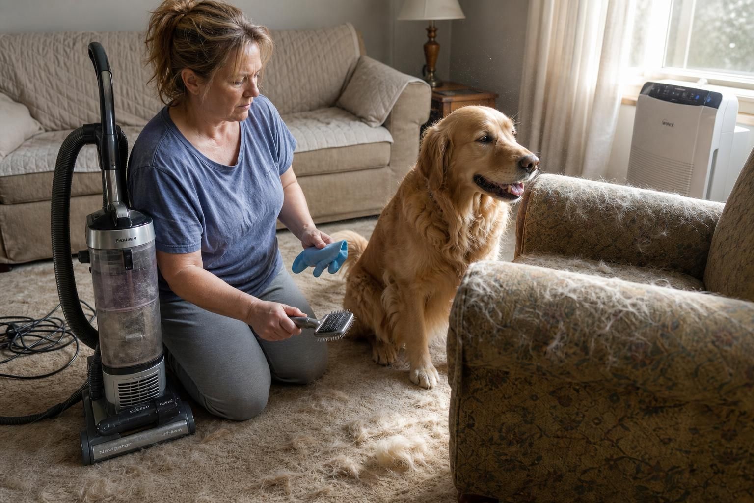 A woman manages pet fur amidst everyday home life.