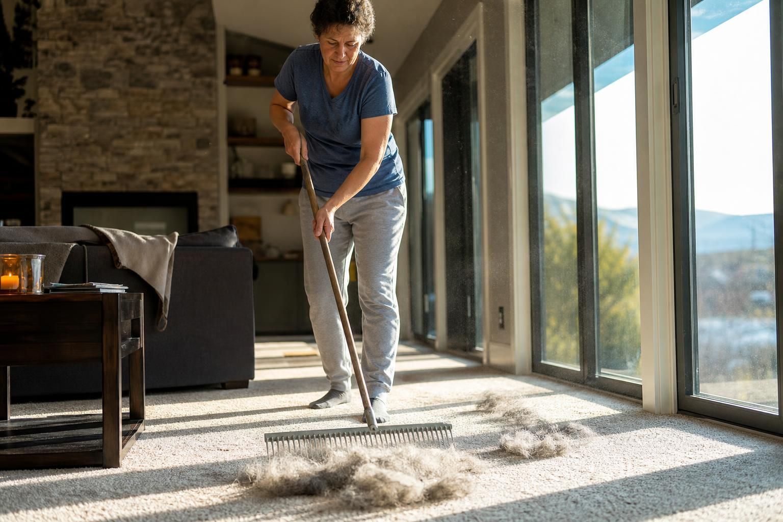 A middle-aged person cleans pet fur from a carpet with a rake.
