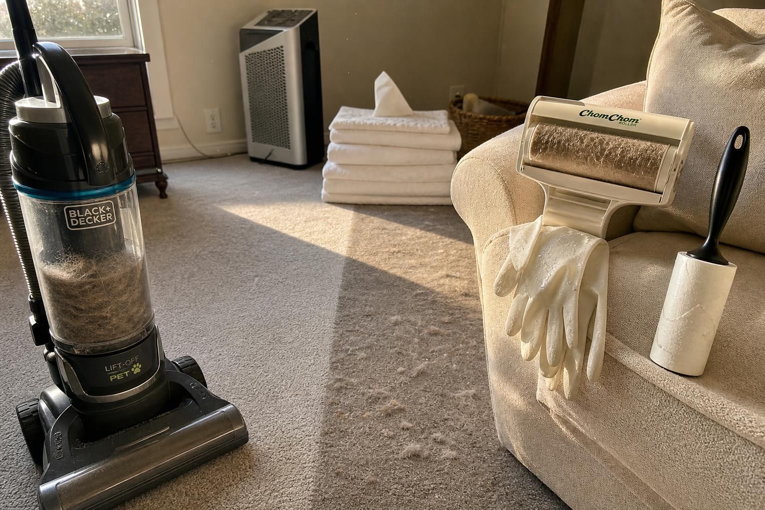 A living room in the midst of pet hair cleaning.
