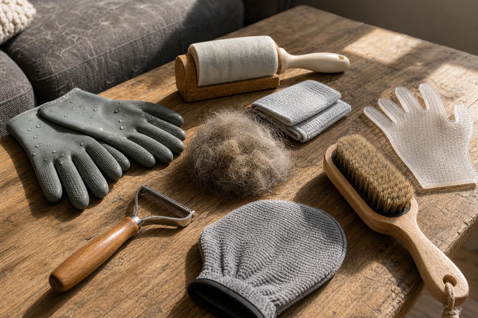 A flat lay of sustainable pet hair removal tools on a table.