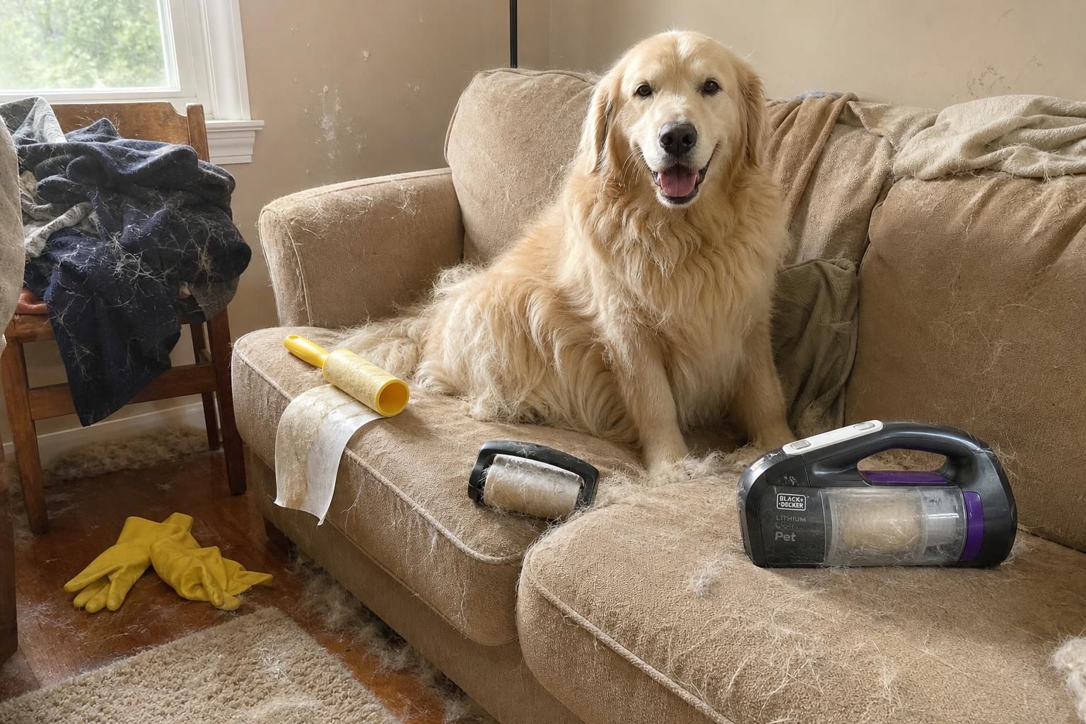 A golden retriever sheds fur on a well-used couch.