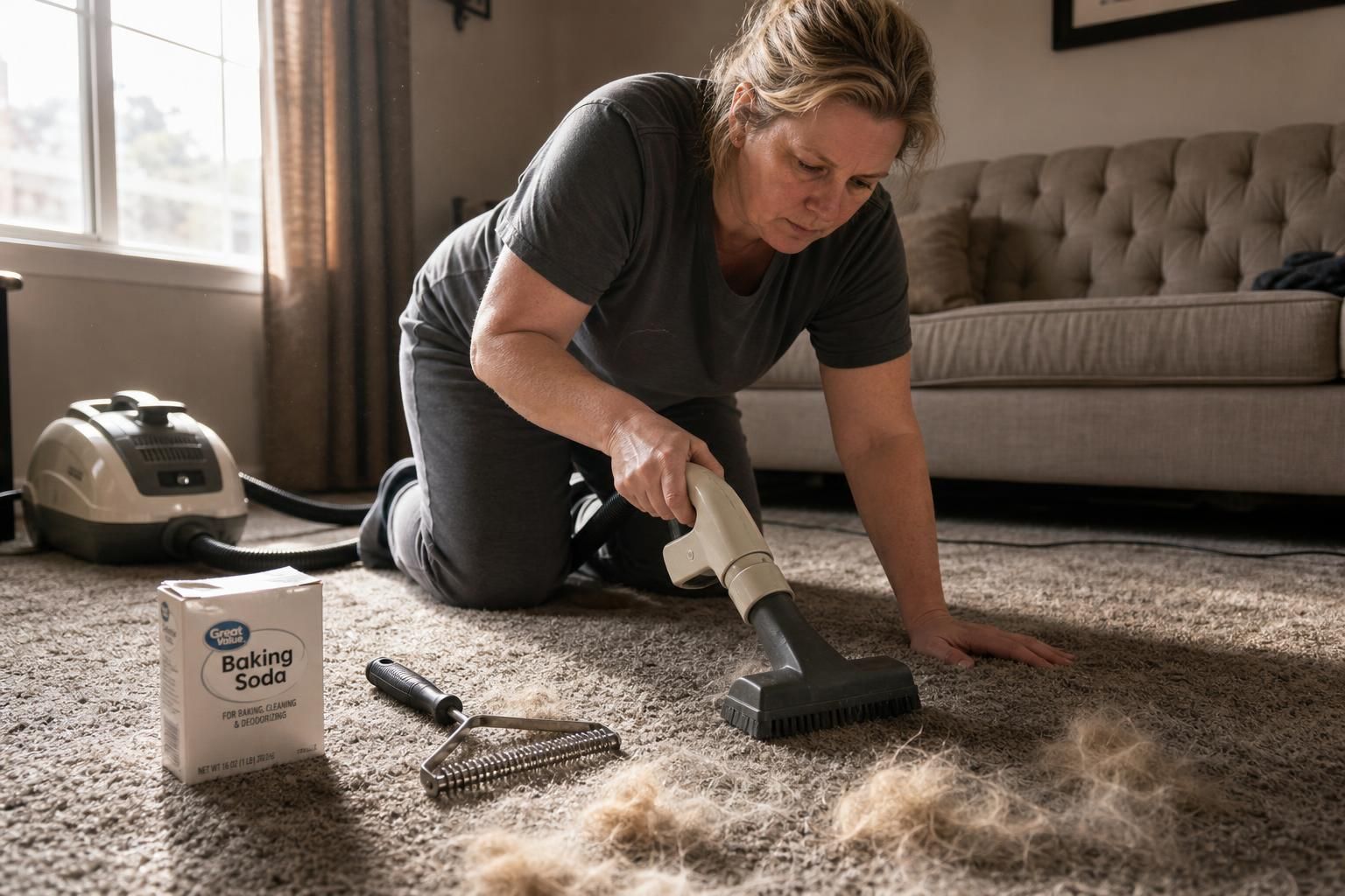 A woman diligently vacuums dog hair from a well-used carpet.