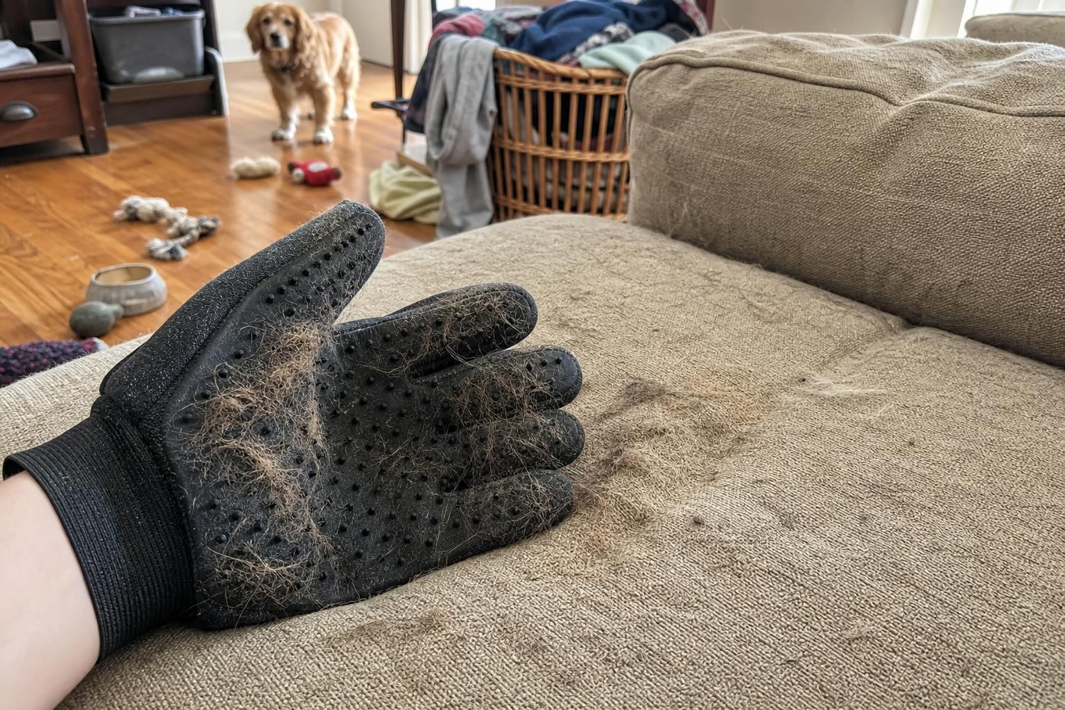 A pet hair removal glove rests on a fur-covered couch.