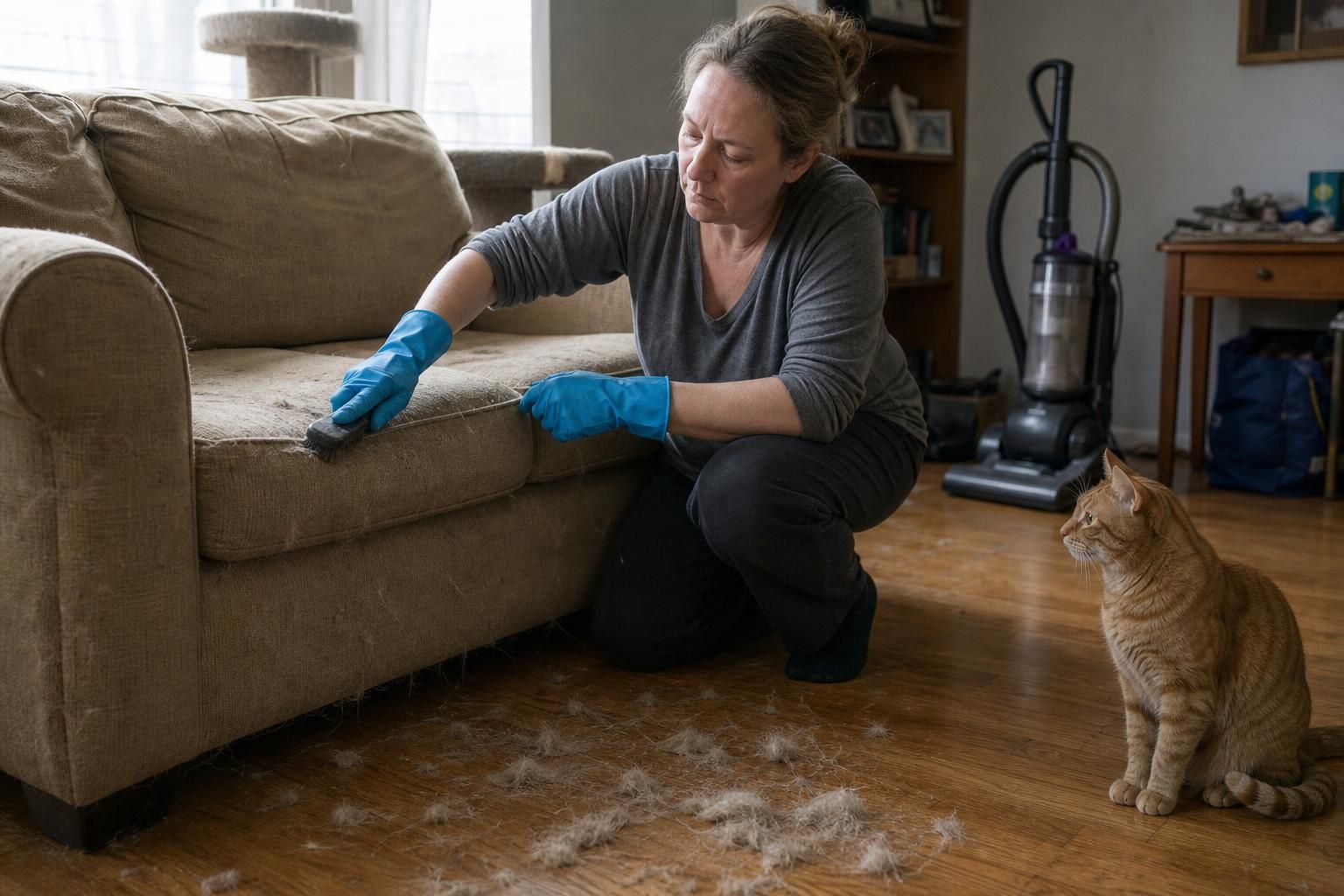 A woman in gloves cleans cat hair from a worn sofa.