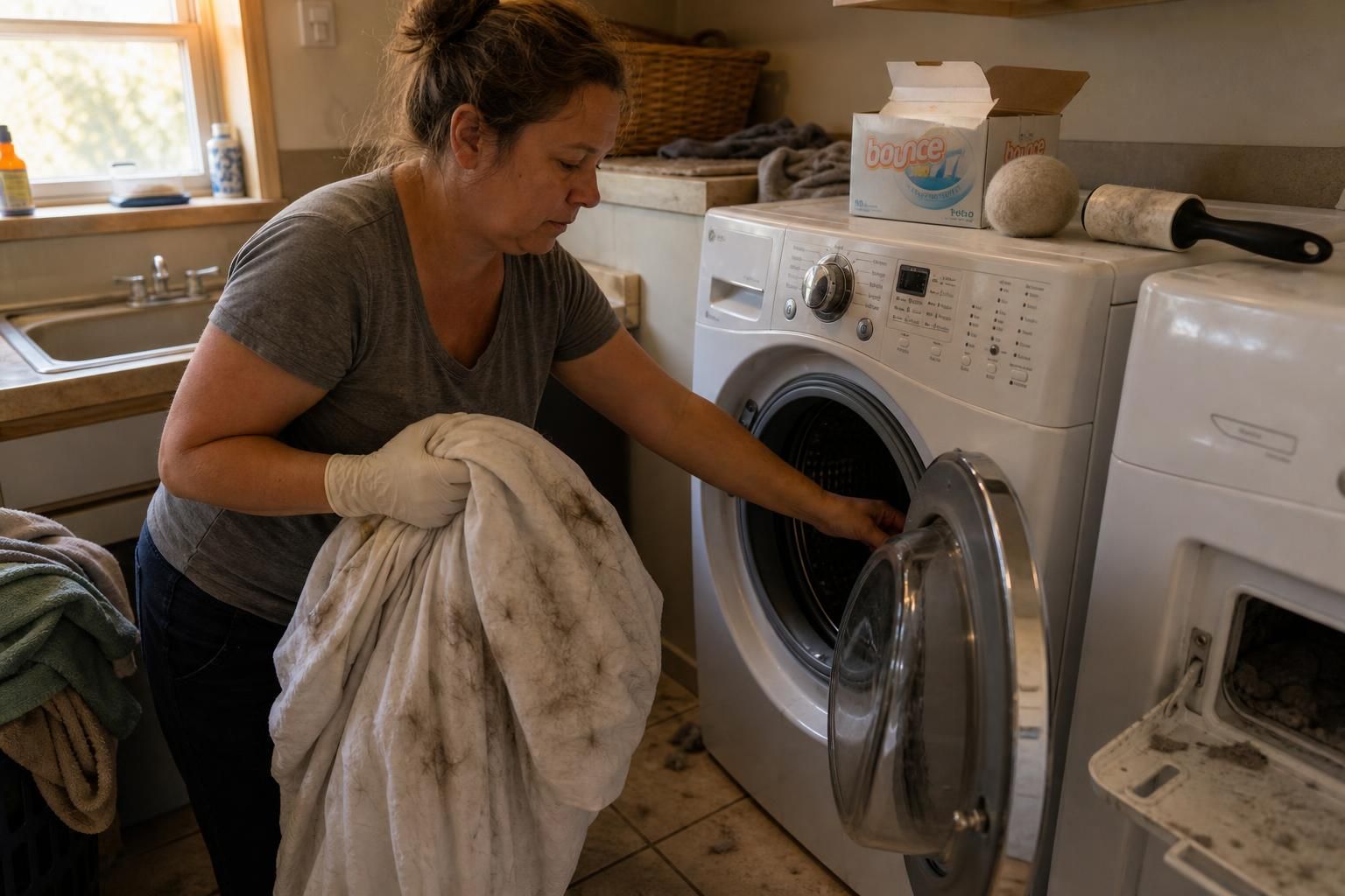 A person prepares to wash a pet-hair-covered fitted sheet.