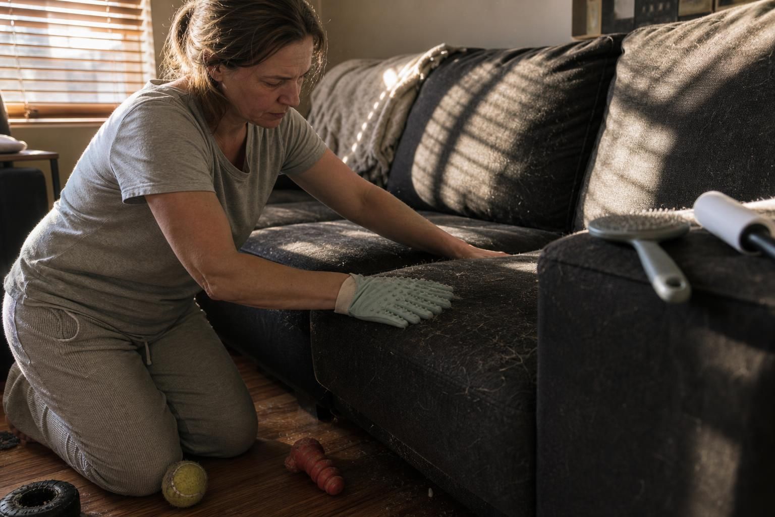 A woman cleans pet hair from a couch with focused concentration.
