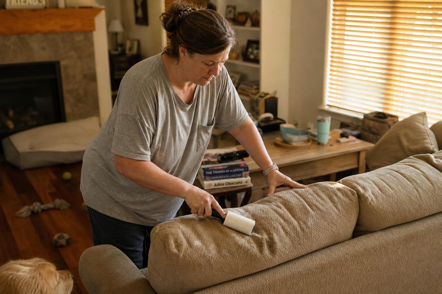A middle-aged woman uses a lint roller in her lived-in living room.