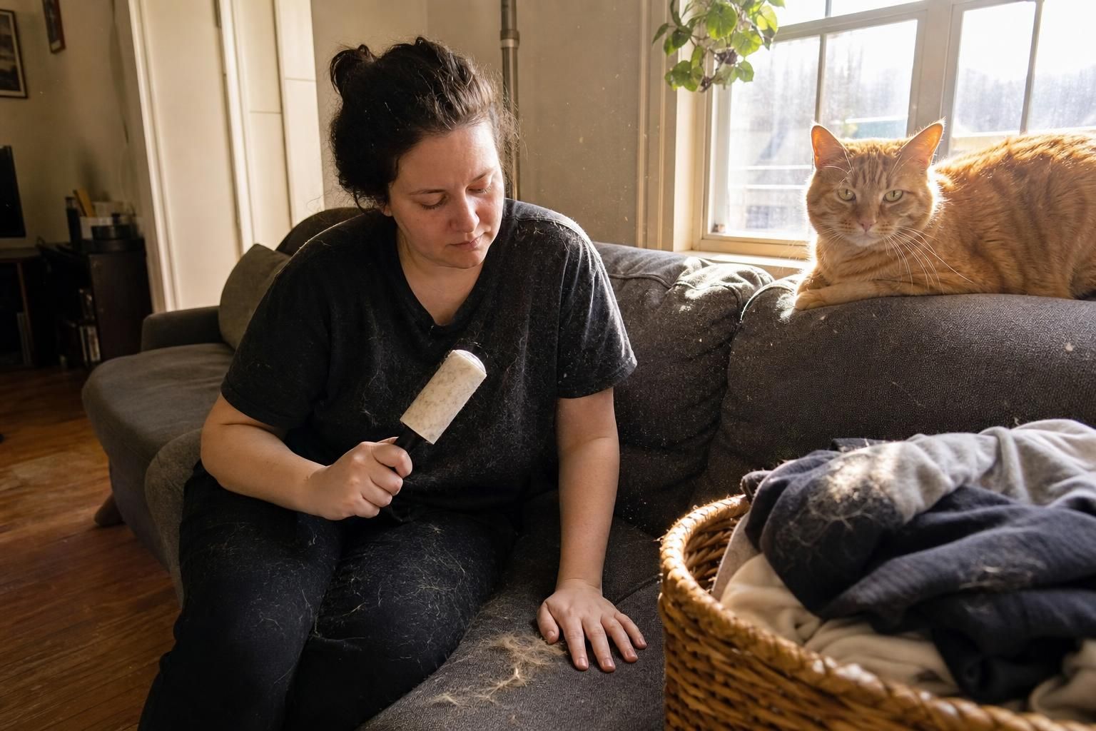 A person relaxes on a sofa surrounded by pet hair and a cat.