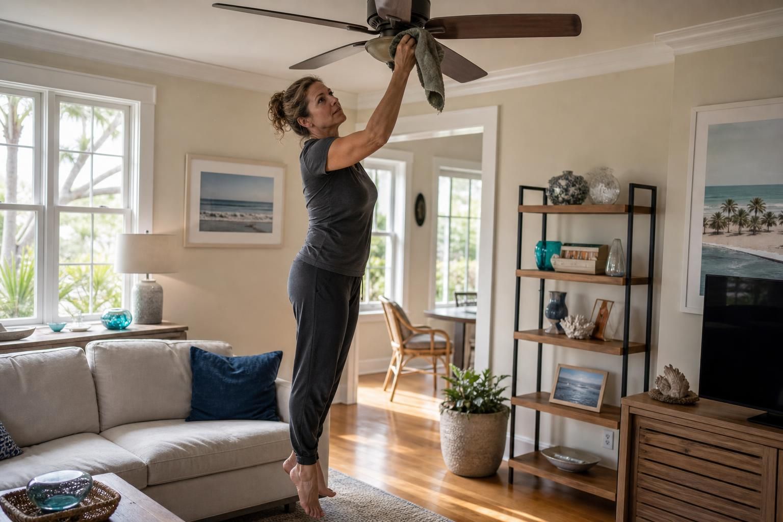 A focused woman cleans a ceiling fan in a stylish living room.