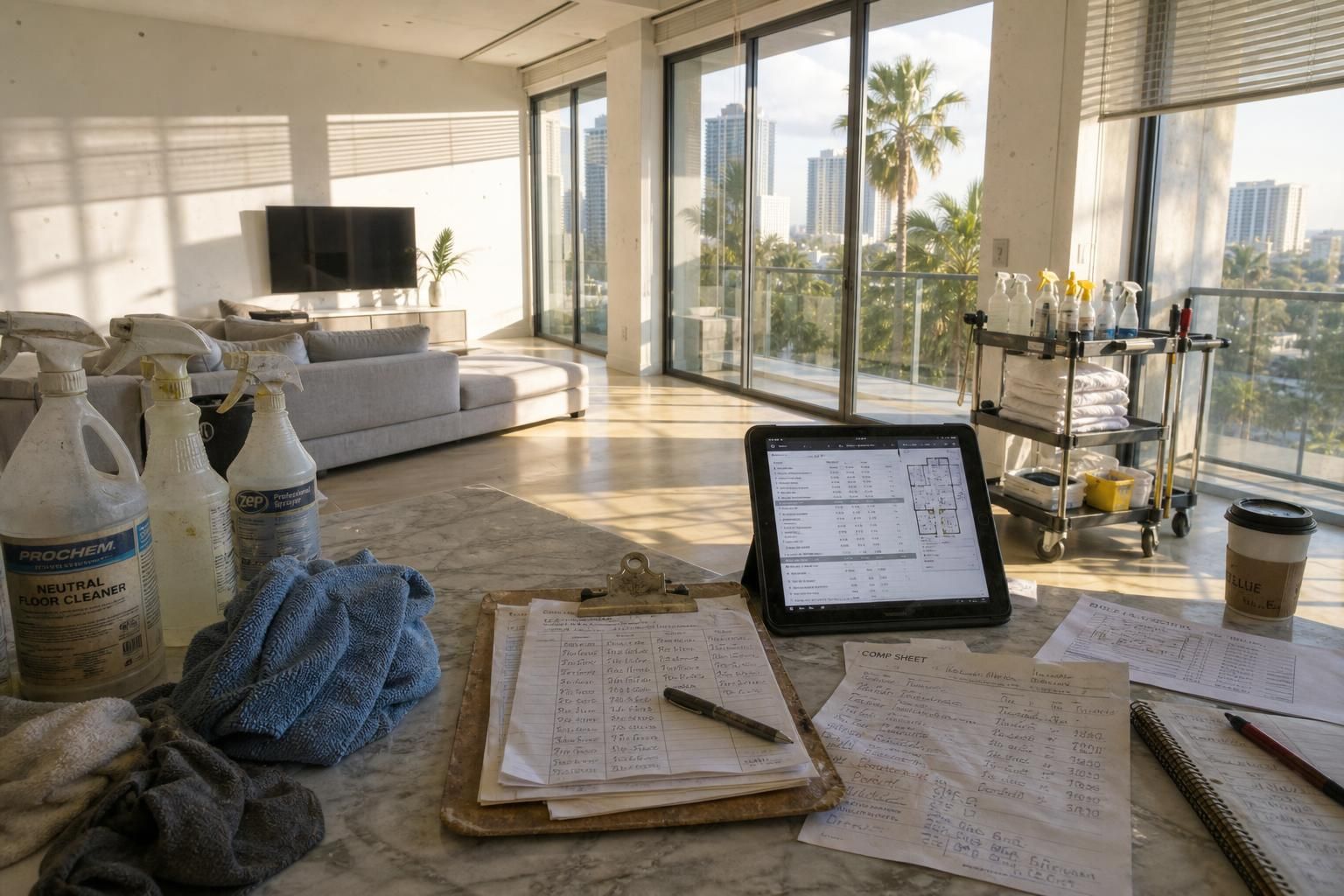 A Miami apartment showcases a lived-in cleaning workspace with organized supplies.