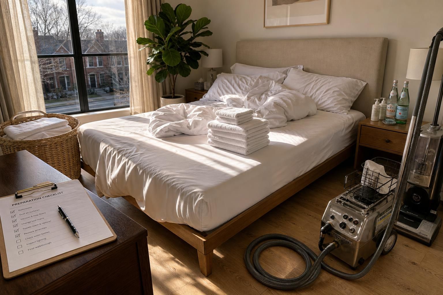 A stylishly organized bedroom showcases meticulous cleaning and preparation efforts.