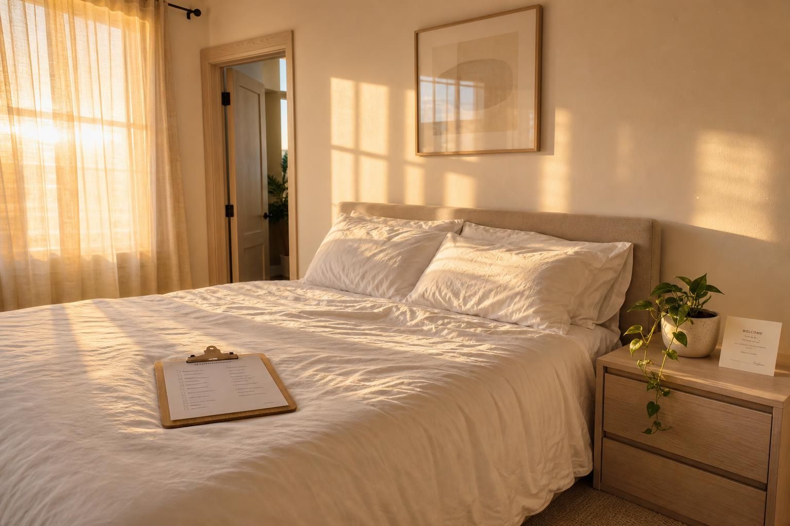 A stylish Miami Airbnb bedroom with a welcoming, clean aesthetic.
