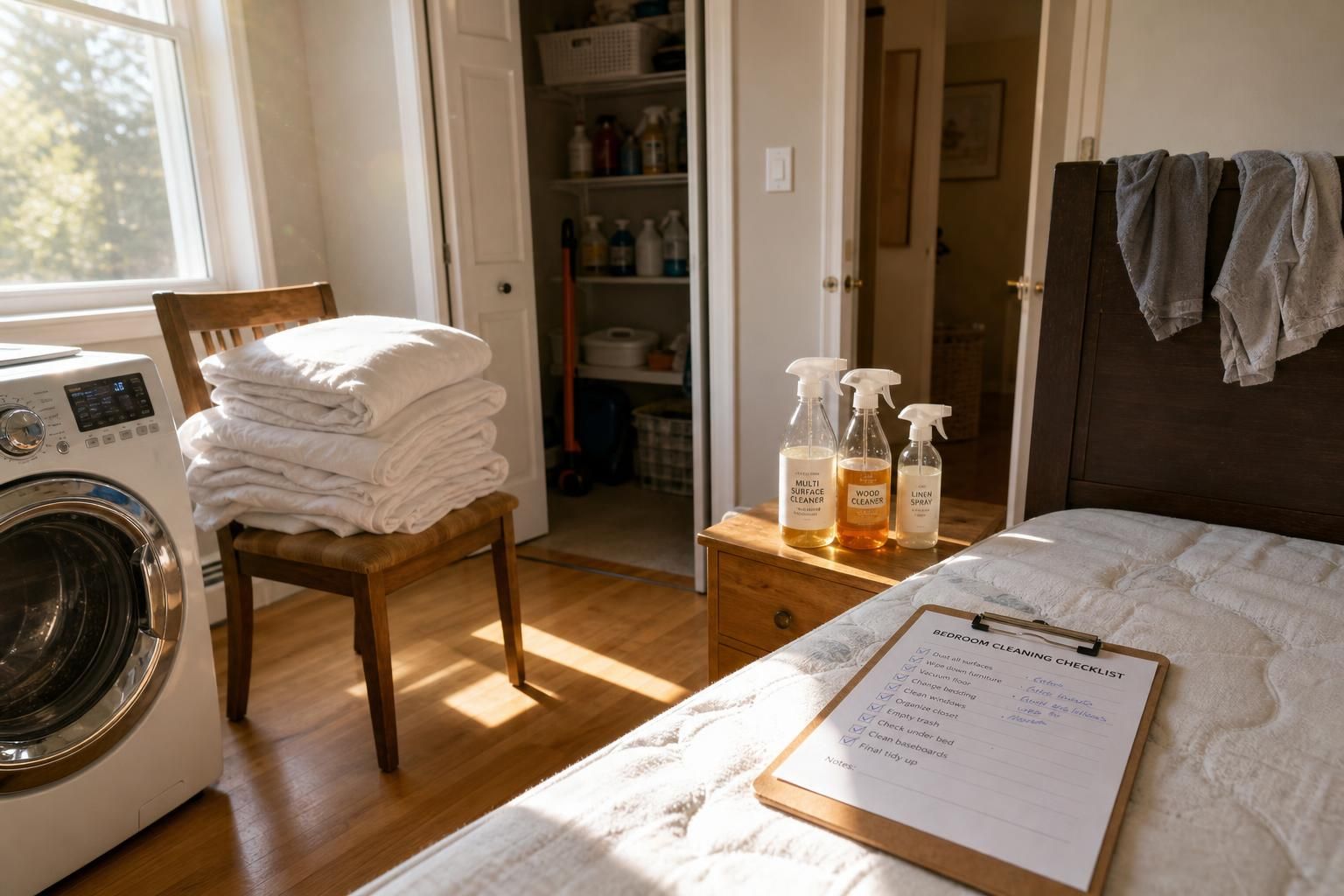 A candid bedroom scene mid-cleaning with organized supplies and laundry.