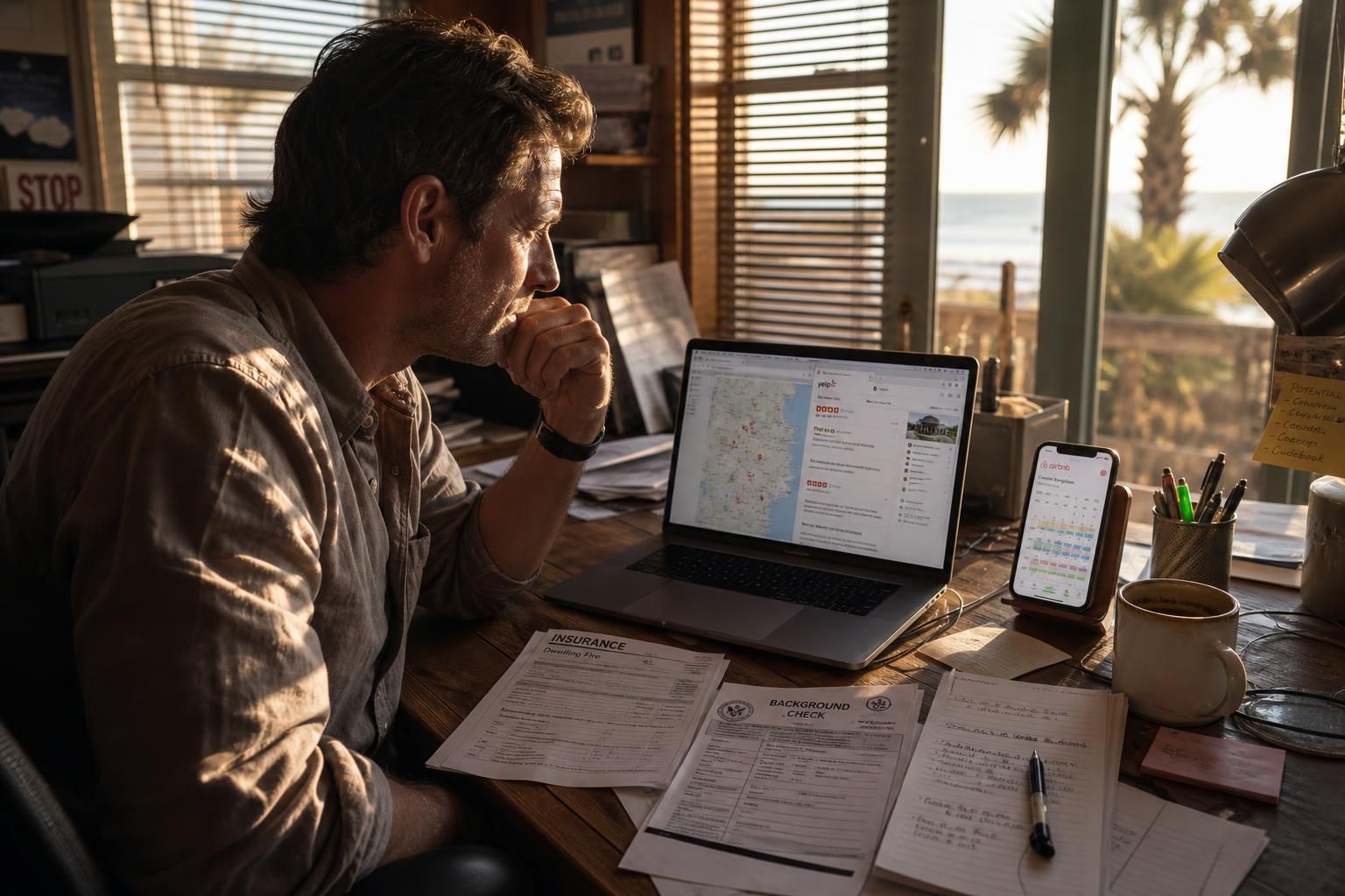 A focused man works at a cluttered desk with documents and devices.