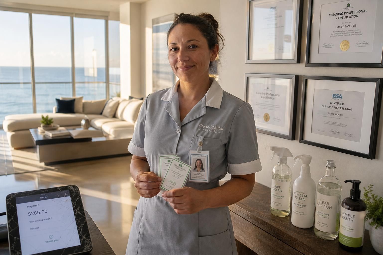 A woman in a cleaning uniform stands confidently in a modern living room.