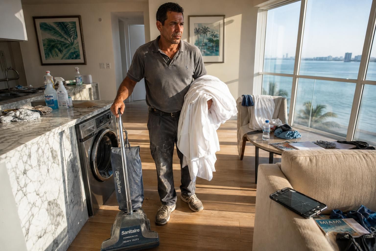 A weathered man prepares a Miami condo for guest turnover cleaning.