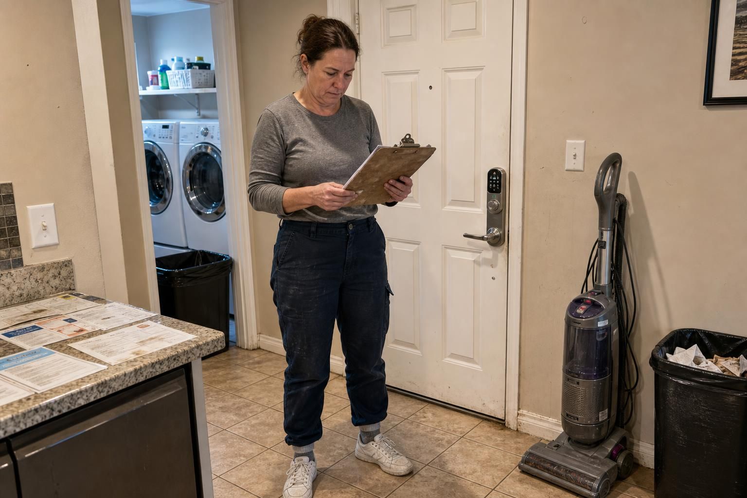 A middle-aged woman reviews notes in a lived-in apartment.