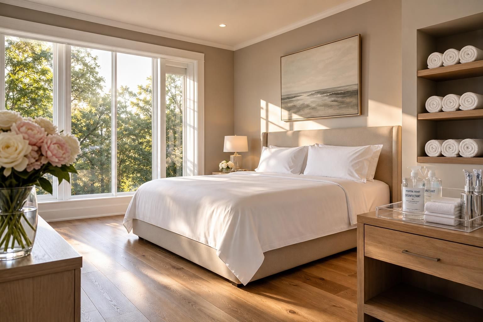 A pristine modern bedroom featuring elegant decor and meticulous organization.