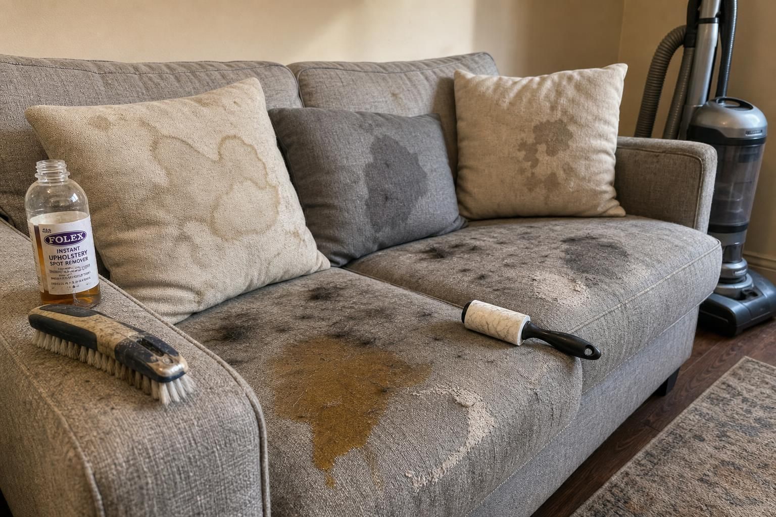A well-worn sofa shows signs of intensive cleaning and wear. A well-worn sofa shows signs of intensive cleaning and wear.