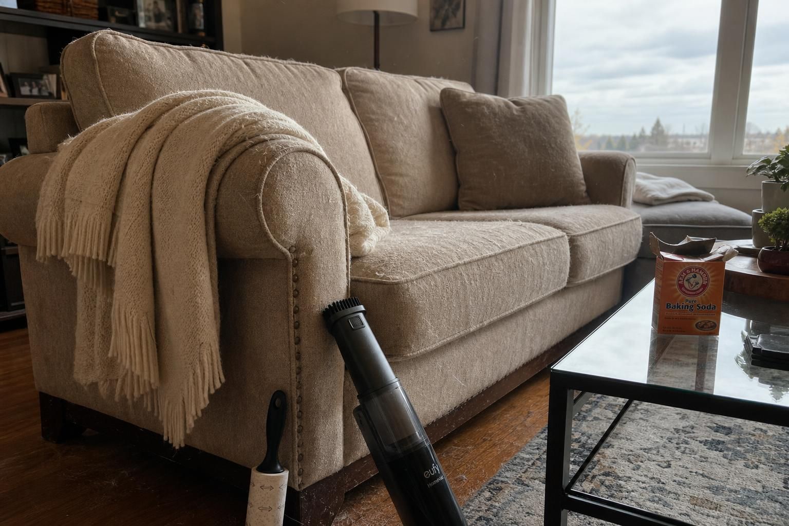 A cozy, lived-in living room shows signs of pet ownership and cleaning. A cozy, lived-in living room shows signs of pet ownership and cleaning.