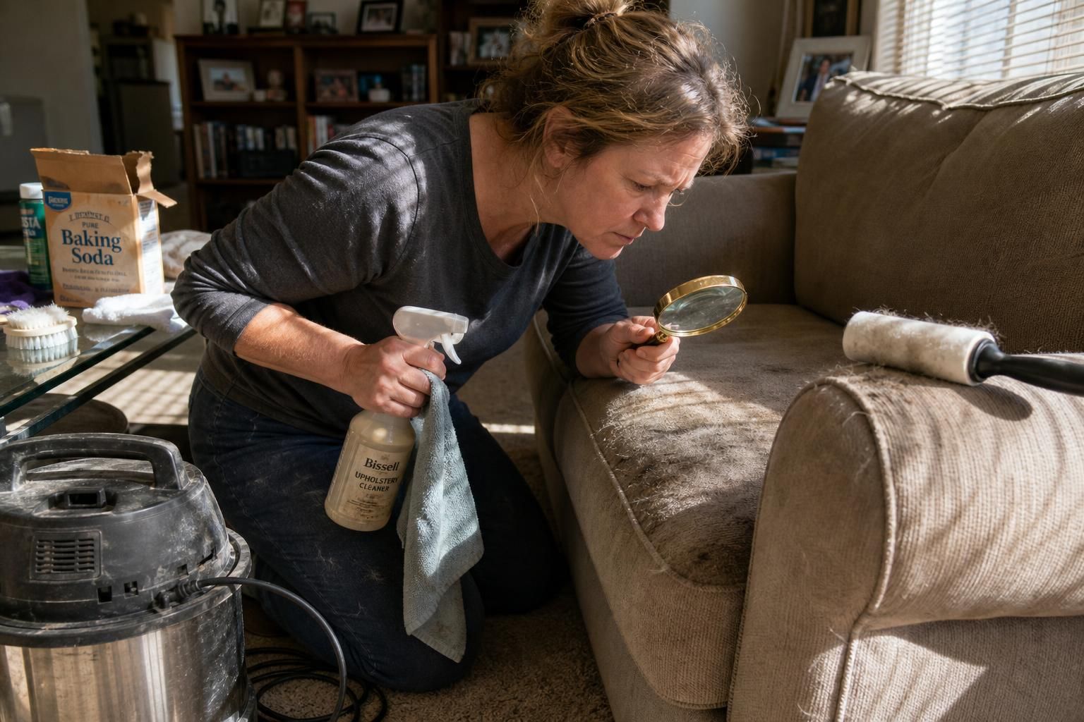 A woman diligently cleans a stained couch beside scattered supplies. A woman diligently cleans a stained couch beside scattered supplies.