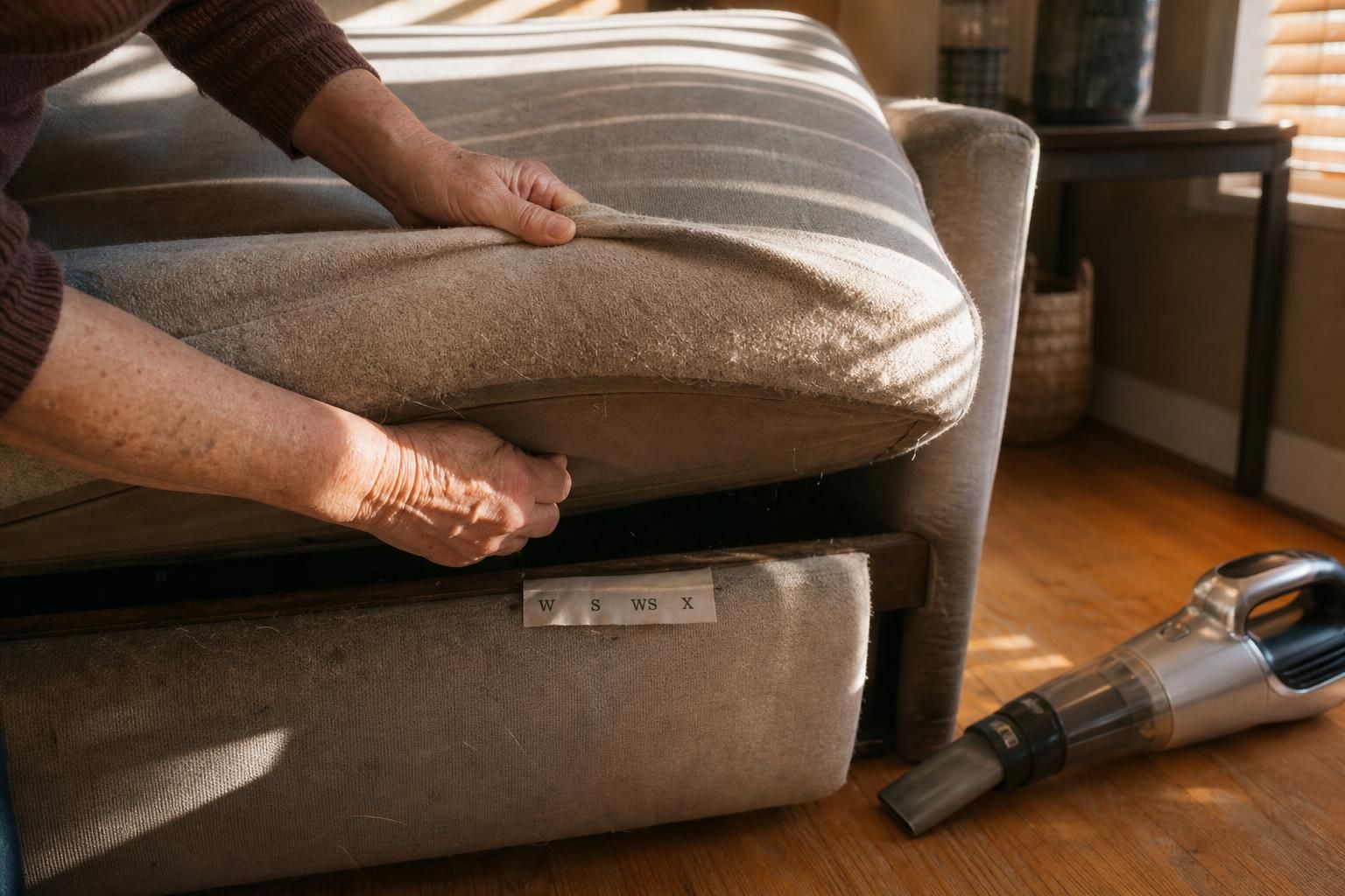 A middle-aged person lifts a worn sofa cushion in a cozy room. A middle-aged person lifts a worn sofa cushion in a cozy room.
